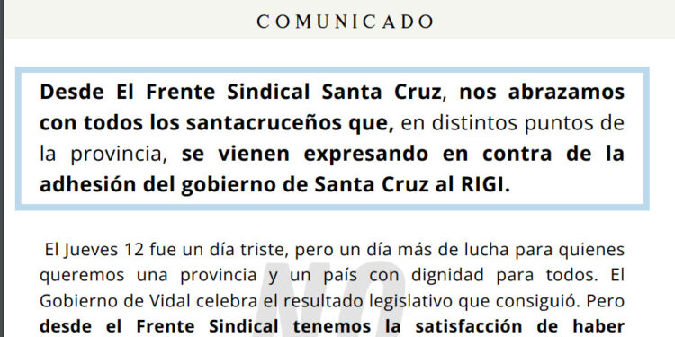 Comunicado del Frente Sindical Santa Cruz, en lucha contra el saqueo y el RIGI
